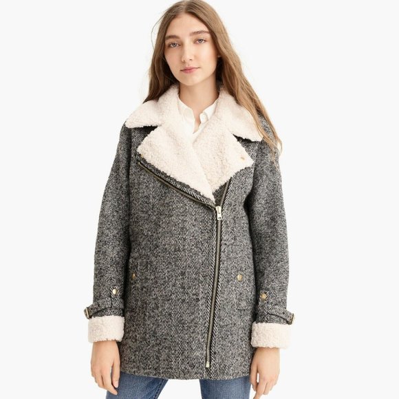 J.Crew Oversized Herringbone Teddy Moto Jacket - Picture 1 of 10